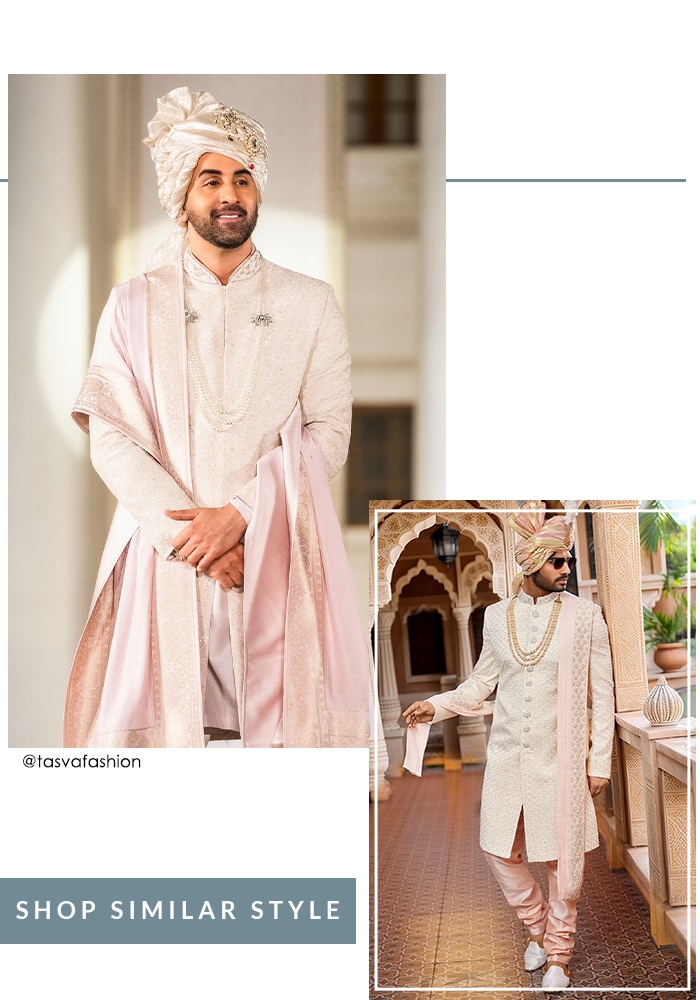 Ranbir Kapoor in ivory sherwani with pink dupatta and safaa
