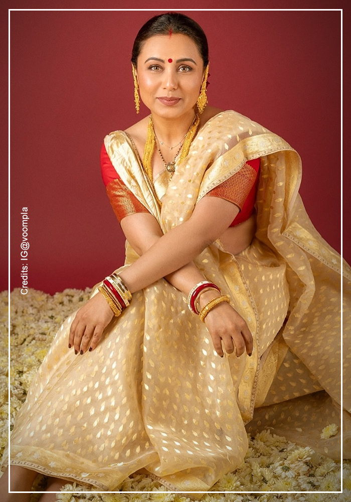 Rani Mukherjee in golden jamdani saree