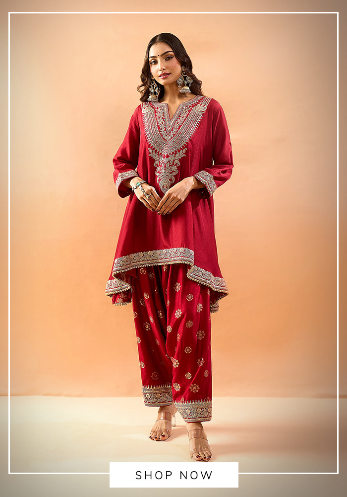 Red asymmetrical kurta farshi salwar set
