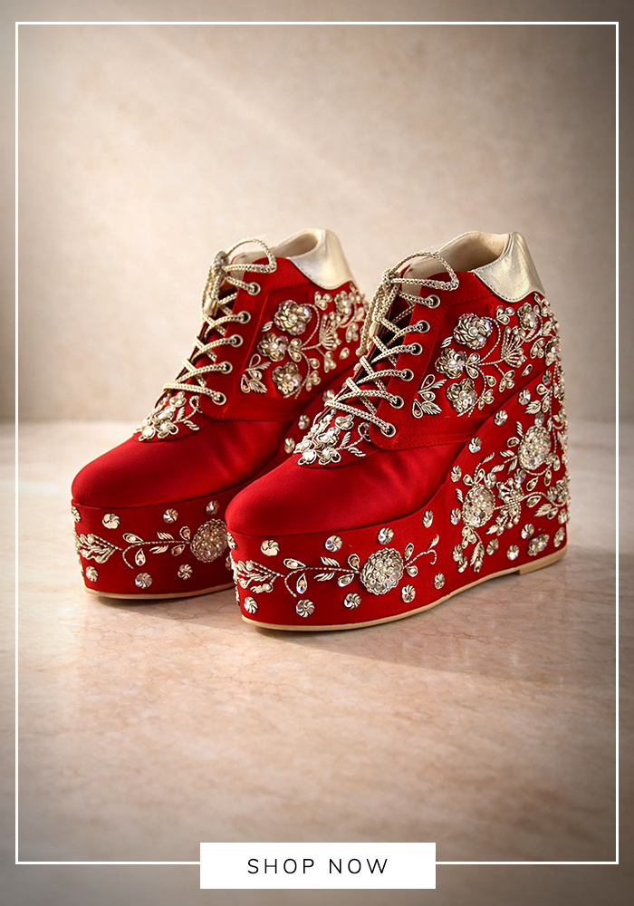 Tiesta red embroidered bridal sneaker wedges