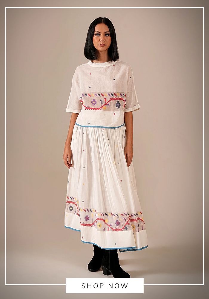 White jamdani cotton top and skirt set