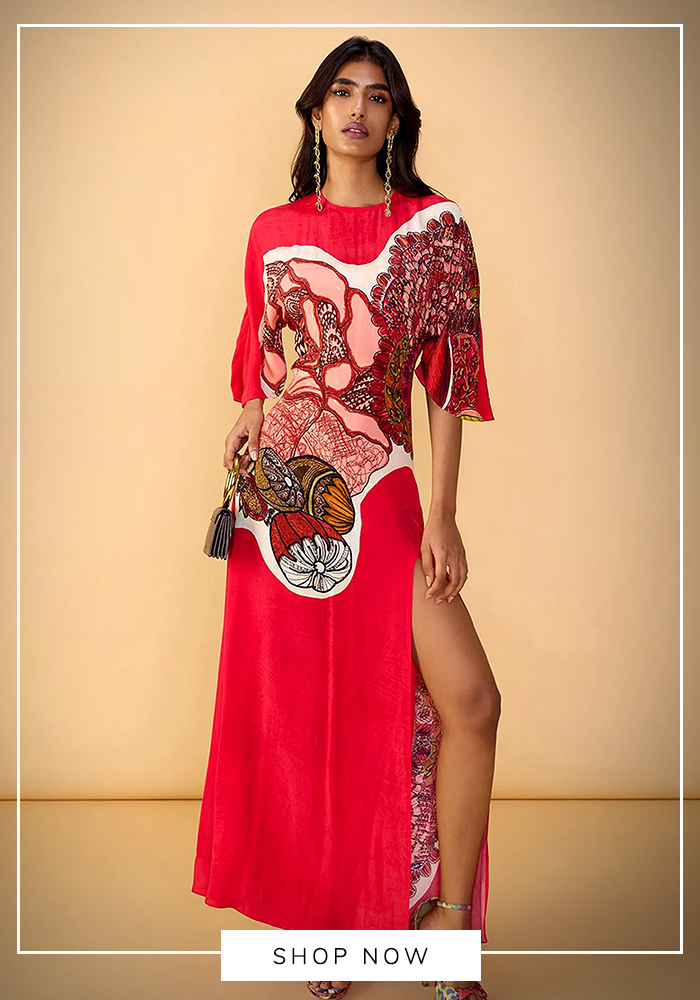 Saaksha & Kinni Red Crepe Round Neck Velvet Mischka Printed Dress