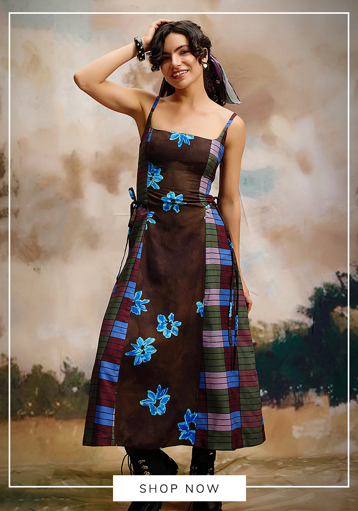 ZiP by Payal & Zinal Brown Linen Square Neck Noova Floral Pattern Midi Dress