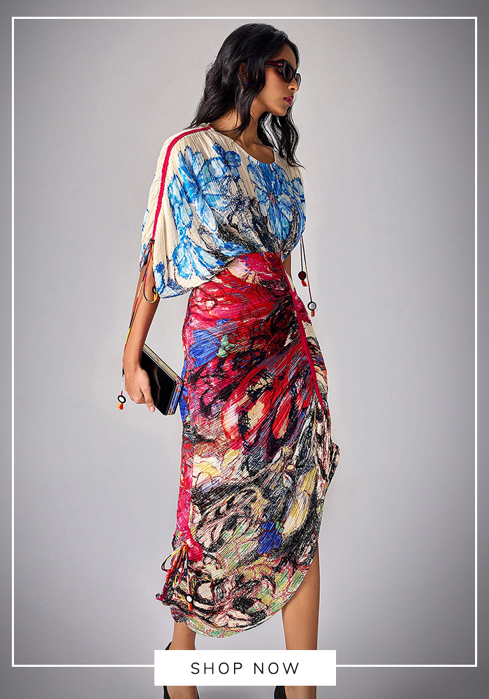 Saaksha & Kinni Multi Color Cotton Tassels Round Neck Abstract Floral Print Kaftan Midi Dress