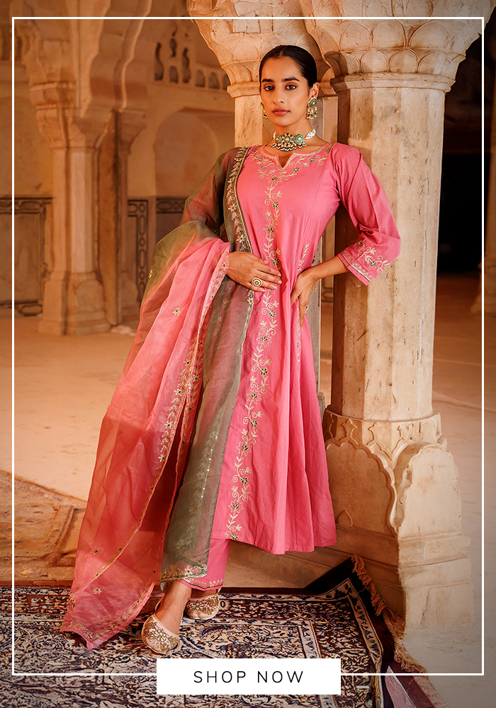 Floral vine embroidered pink anarkali set