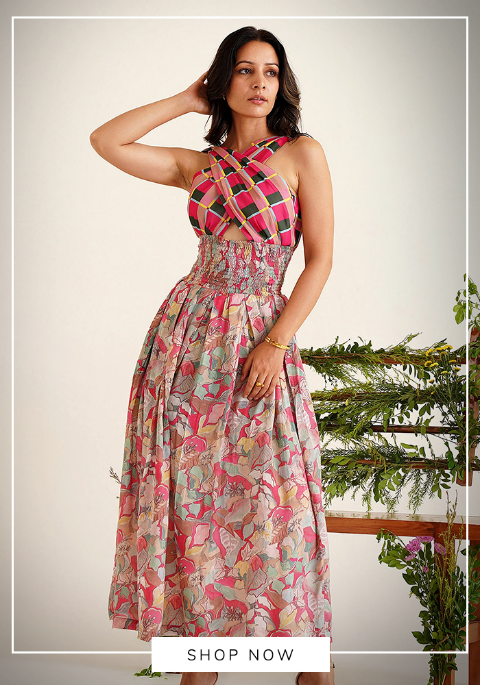 Sunandini Pink Cotton, Viscose Embroidery Asymmetric Harriet Colour Block Printed Dress