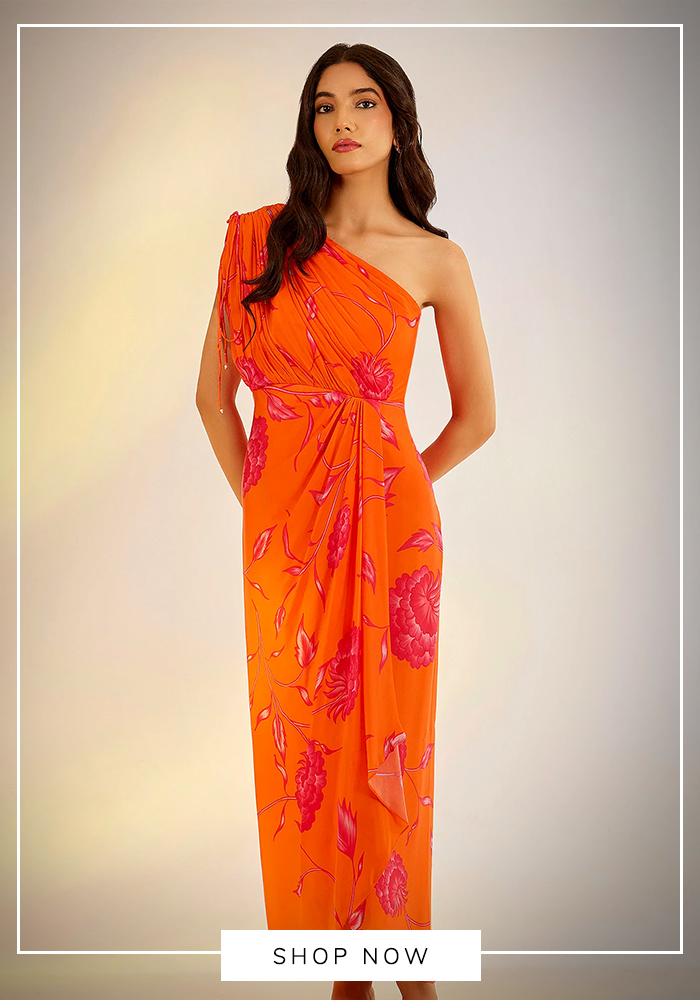 Ewoke Orange Georgette, Satin One Shoulder Printed Cowl Draped Dress  
