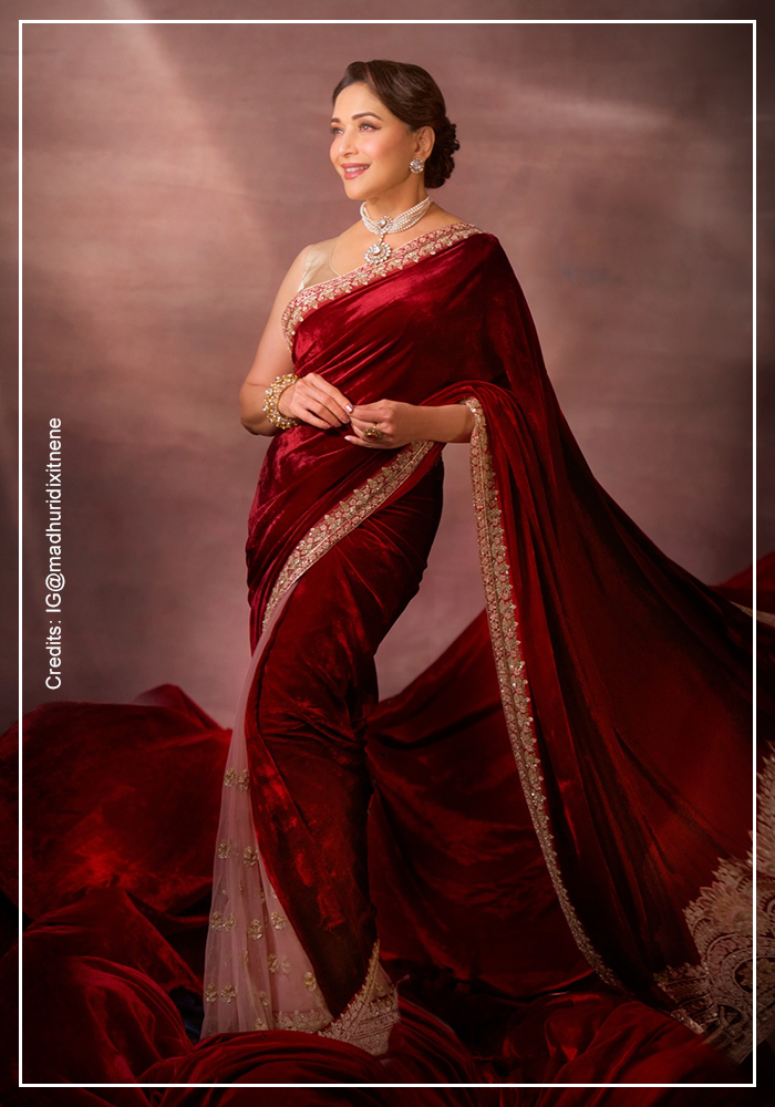 9. Maroon Velvet Saree by Shyamal & Bhumika 