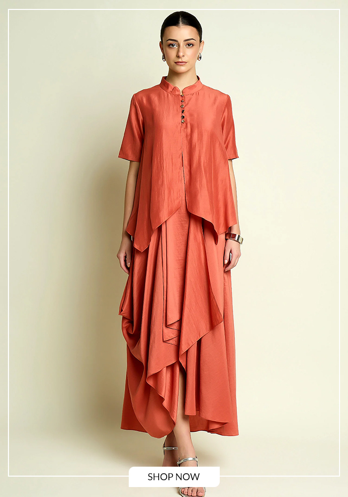 Aakaar draped cotton layered dress for Saudi Majlis