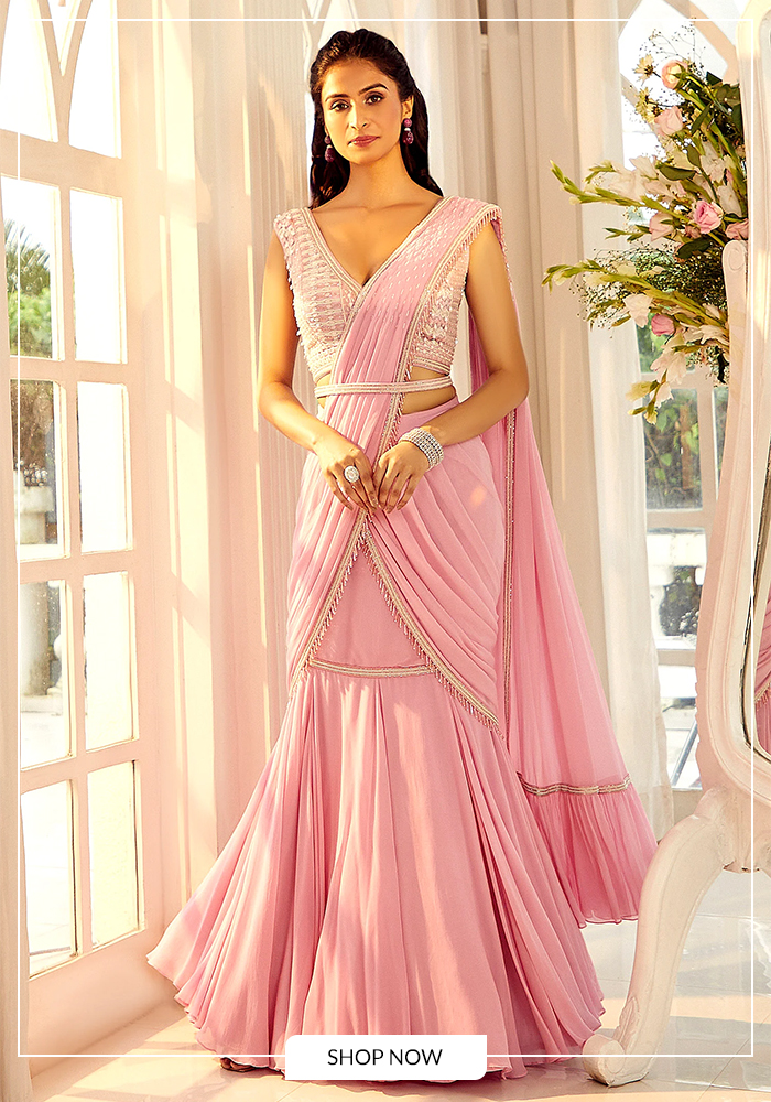 Aariyana Couture bubblegum pink lehenga saree
