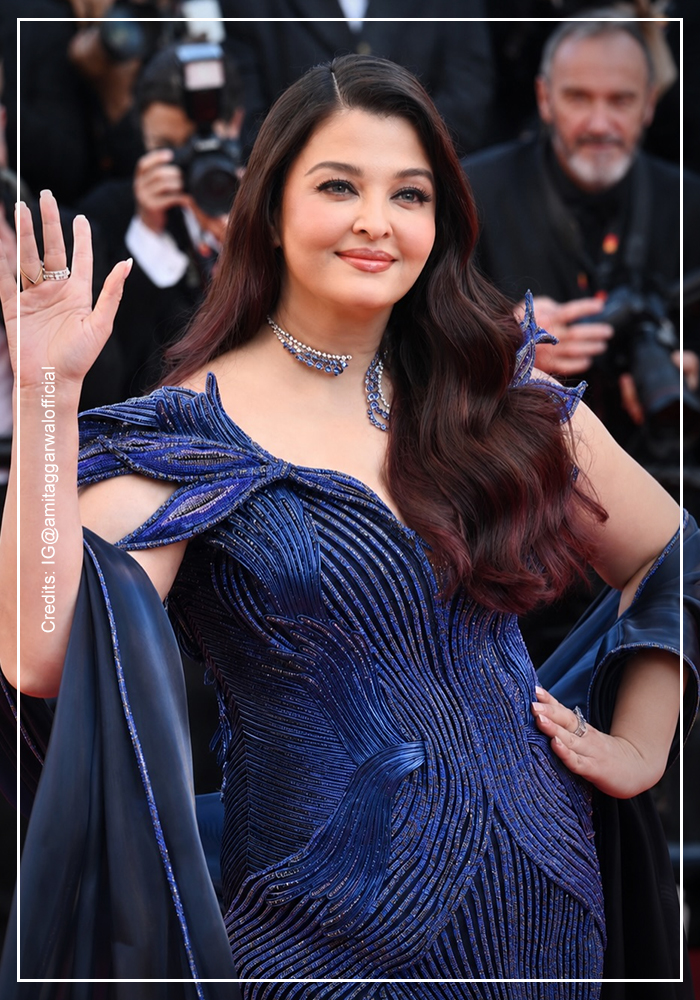 Aishwary Rai weafring crystal blue gown by Amit Aggarwal at Cannes 2026