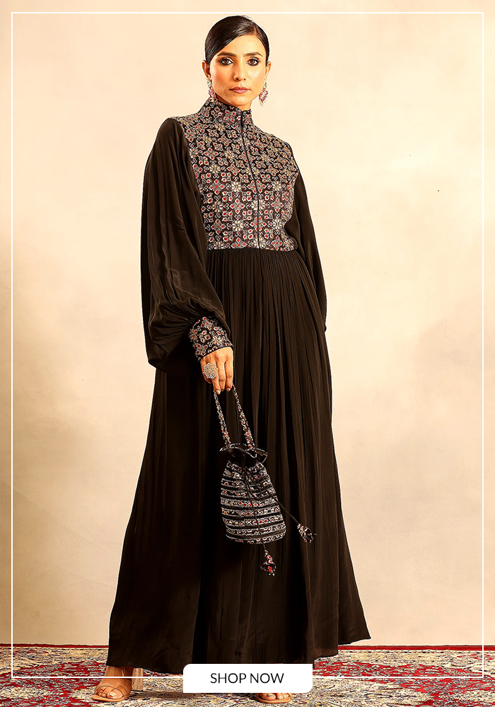 Ajrakh embellished yoke sleeve dress
