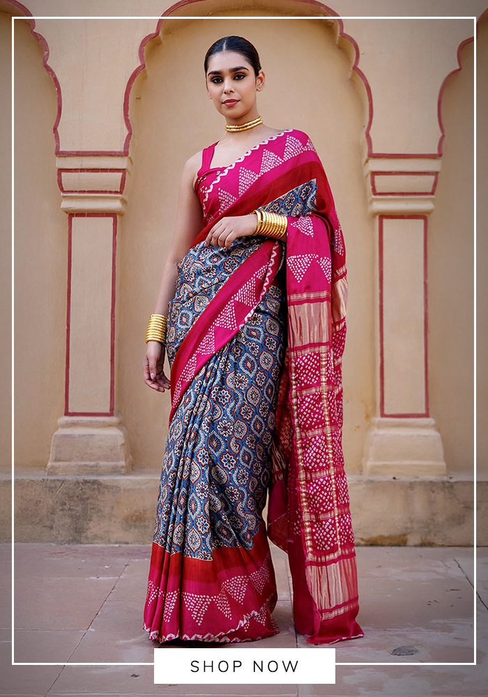 Ajrakh printed saree