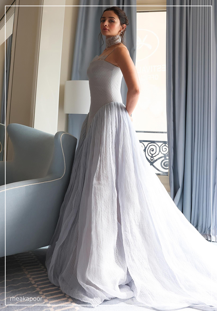 Alia Bhatt wearing steel blue gown at Cannes 2026