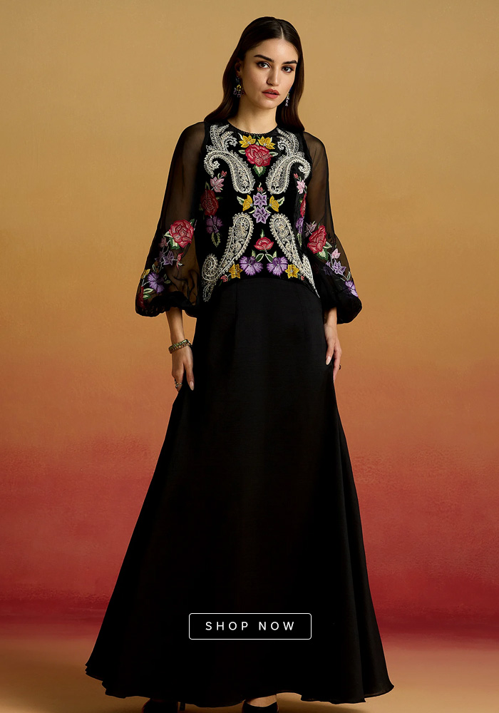 Black contrast embroidered flounce dress