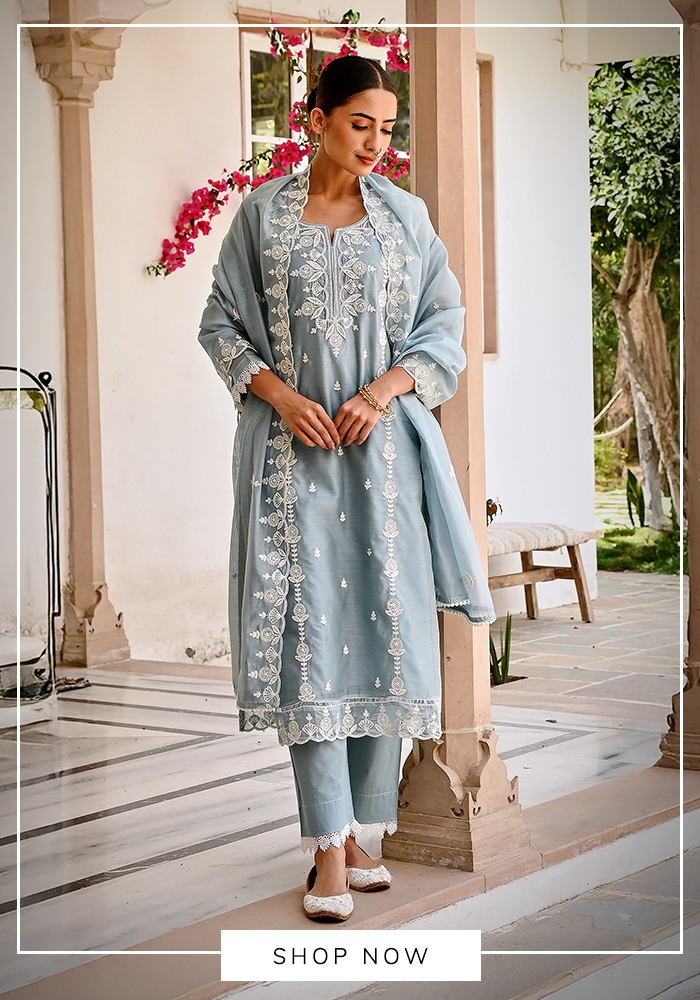 Chikankari embroidered powder blue kurta set