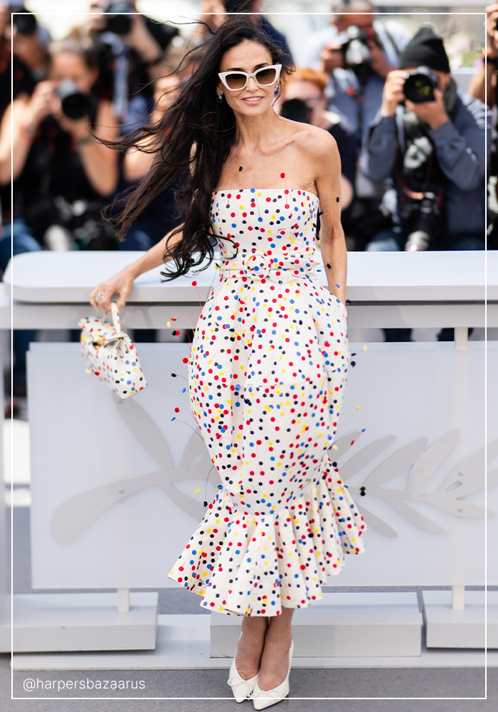 Demi Moore in floral polka dot strapless gown