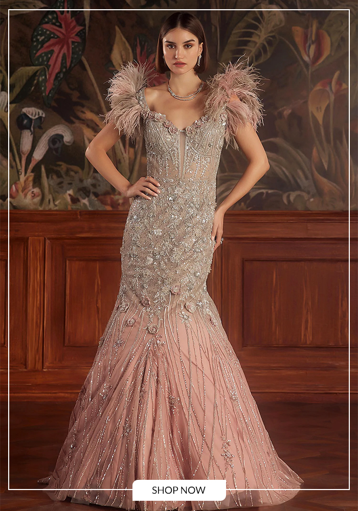 Feather-Trim Gowns