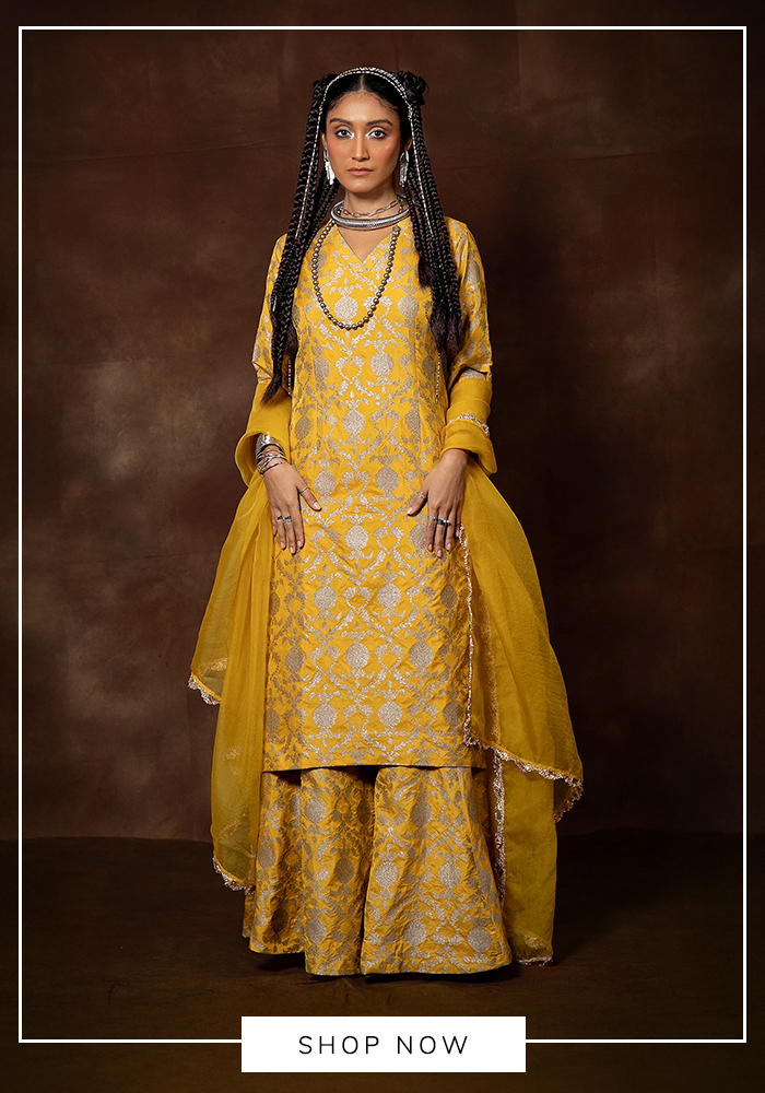 Floral jaal banarasi silk kurta set