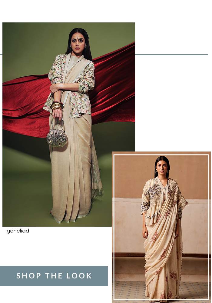 Genelia Deshmukh in Anavila cream handwoven saree with jacket