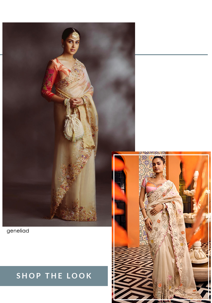 Genelia Deshmukh in Saroj Jalan beige saree