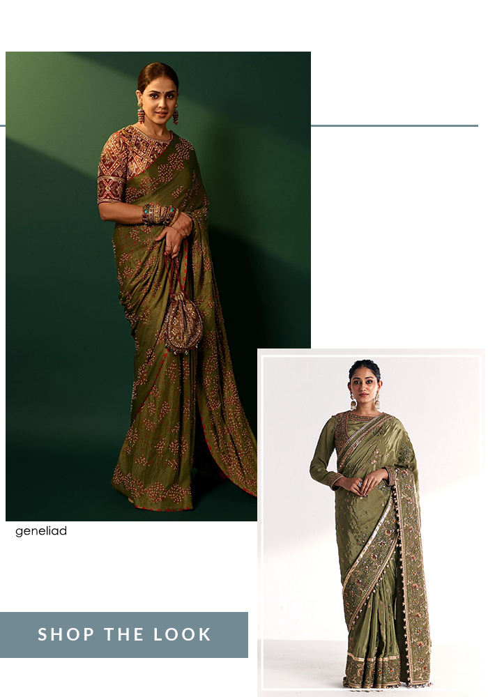 Genelia Deshmukh in olive green bandhani saree