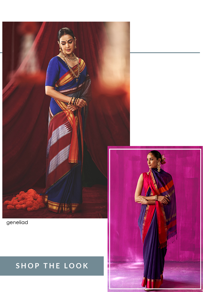 Genelia Deshmukh wearing cobalt blue illkal saree from Karnataka