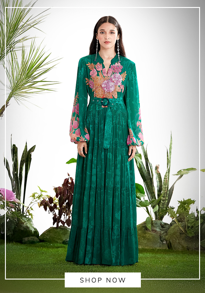 Green floral embroidered maxi dress with full sleeves