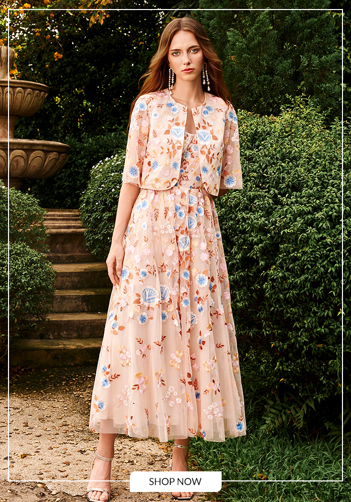 House of Eda floral printed midi dress with cape for Saudi Majlis