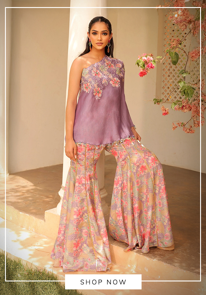Lilac floral printed one-shoulder tunic and sharara set