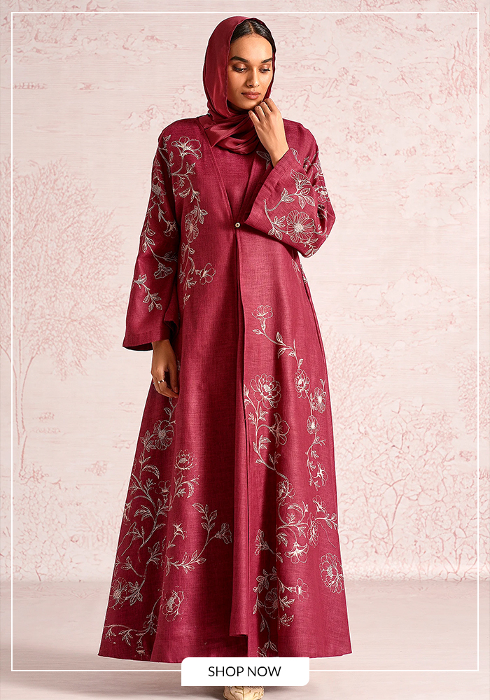 Maroon linen dress with abaya