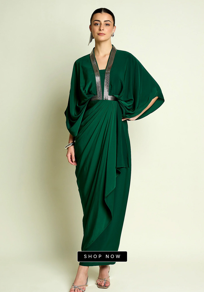 Metallic draped green dress