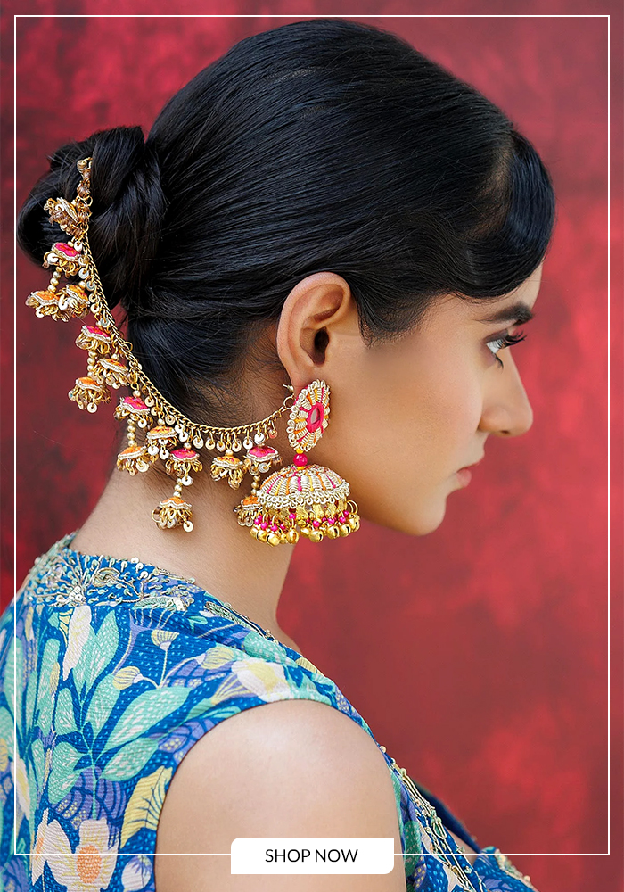 Mirror embroidered gold toned earchain