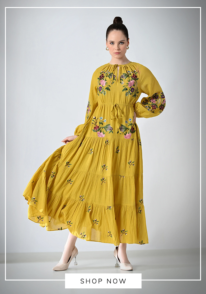 Mustard floral embroidered belted maxi dress