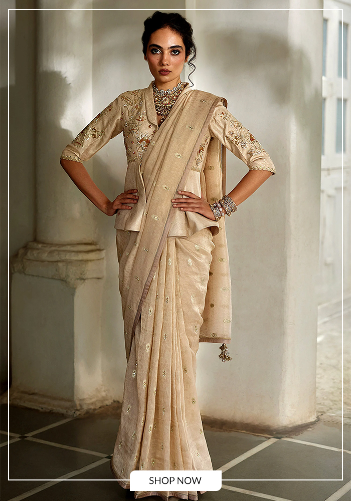 Paulmi and Harsh beige jacket saree