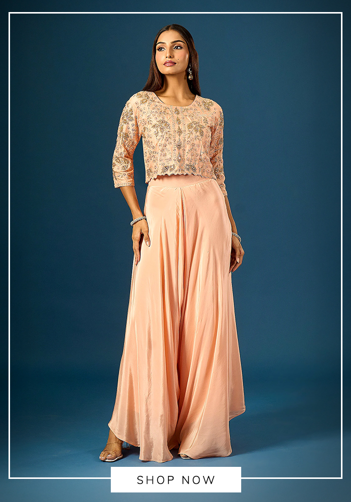 Peach organza sequins hand top and flared pant set
