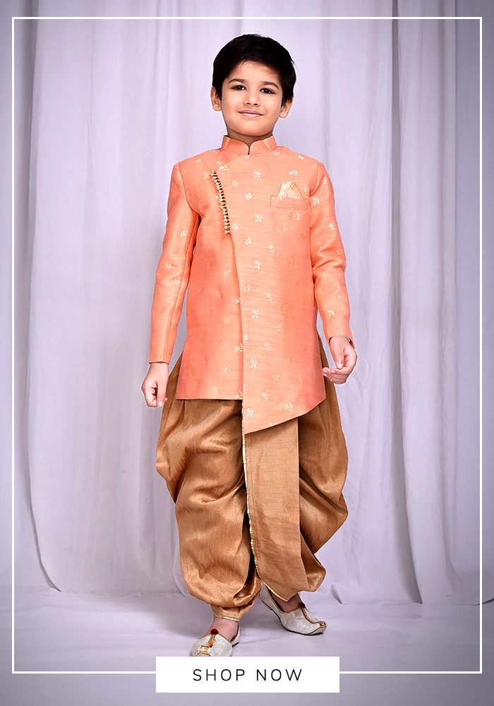 Petite Pomme jacquard and silk peach sherwani dhoti pant set