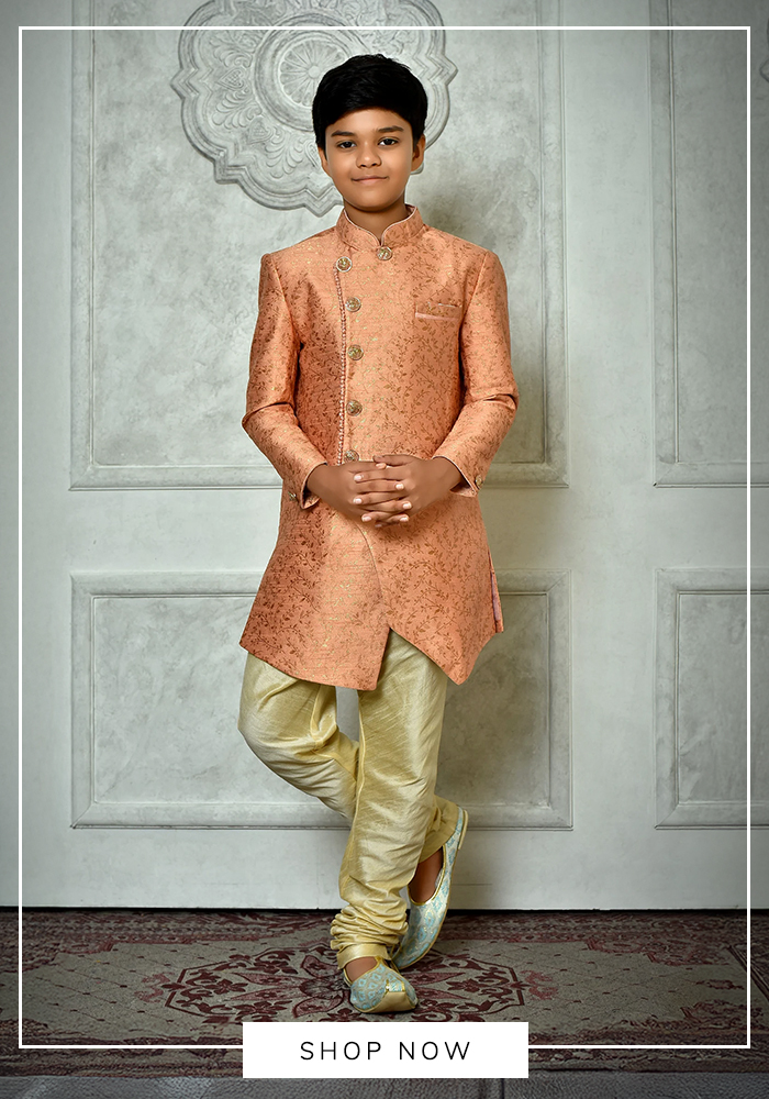 Petite Pomme peach floral patterned sherwani set