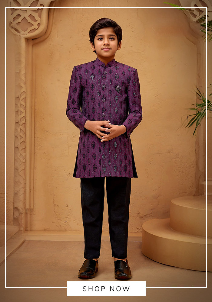 Petite pomme wine malai silk sherwani set