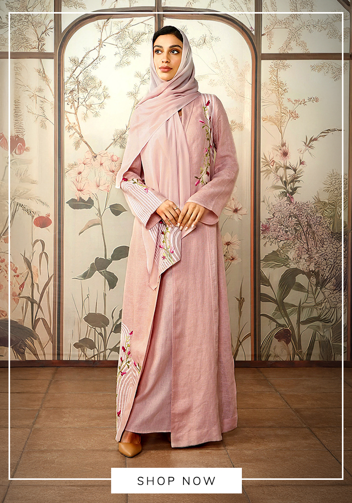 Pink floral embroidered abaya for cafe meetups in Saudi