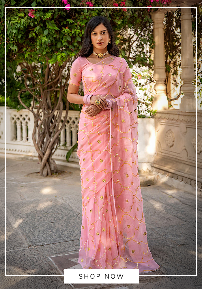 Blush pink jaal work pre-draped chiffon saree