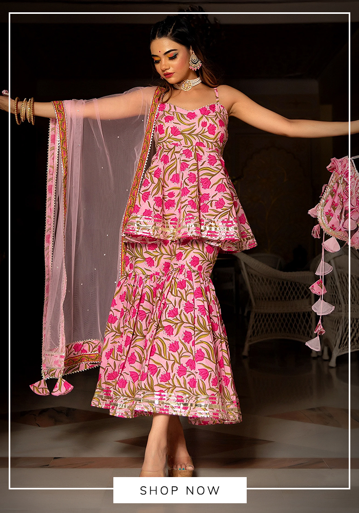 Pink handbock printed kurta sharara set