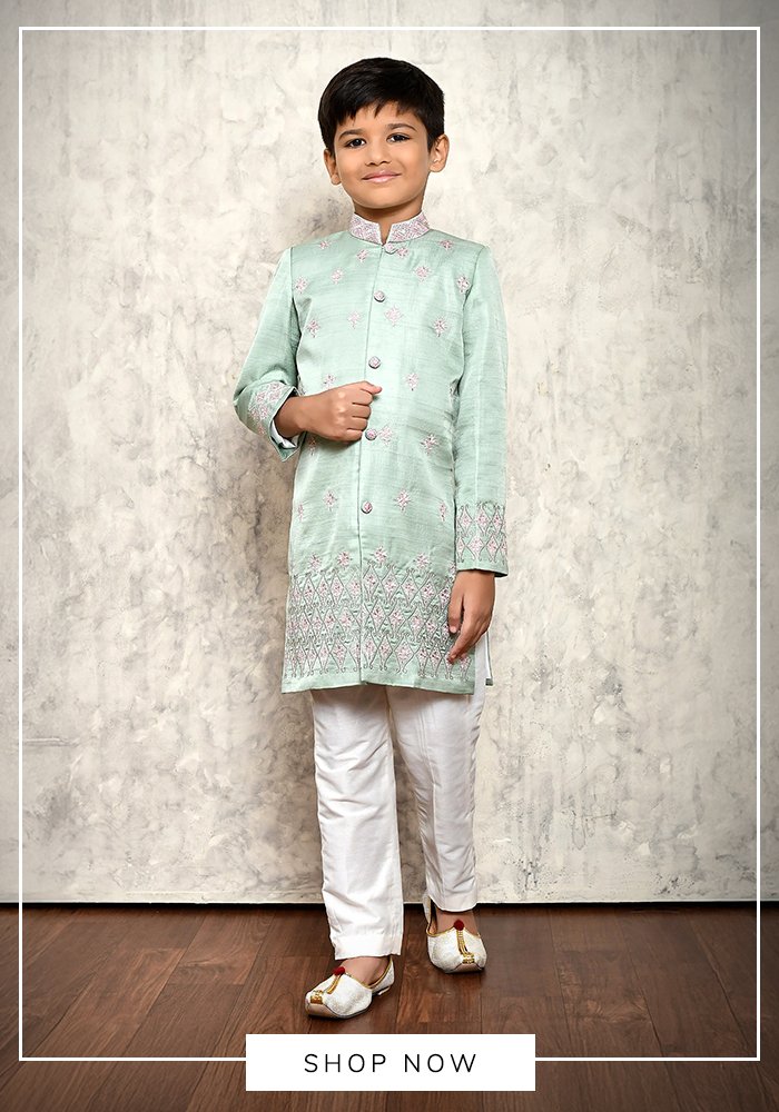Green malai silk sherwani churidar set