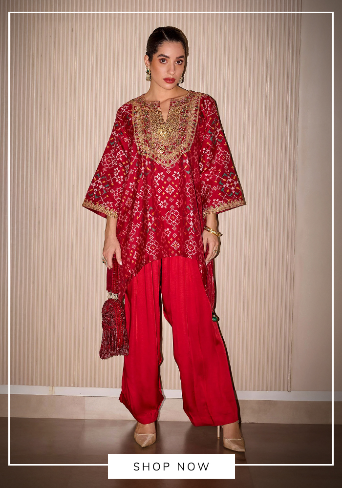 Red patola embroidered kurta set
