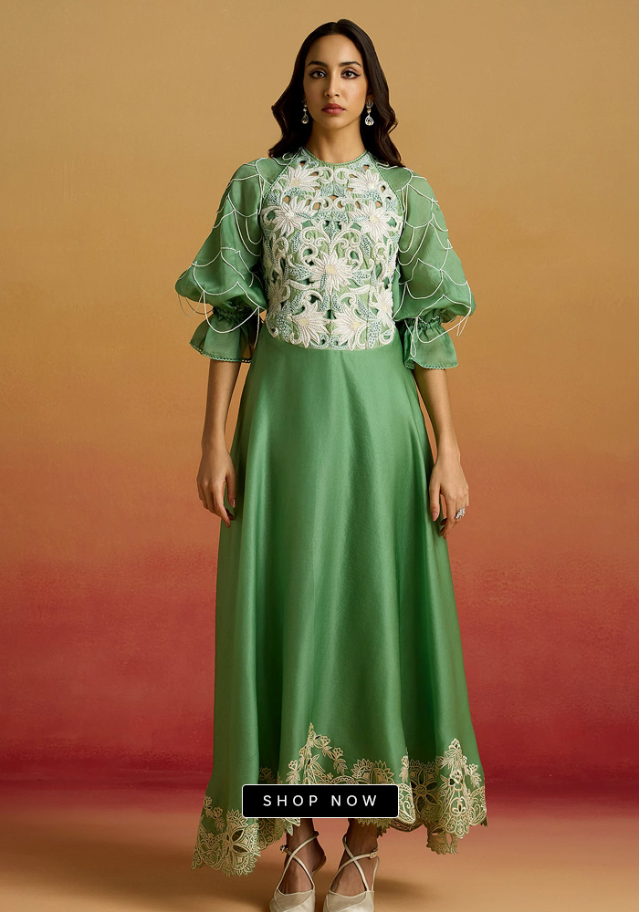 Sage green embroidered flounce dress