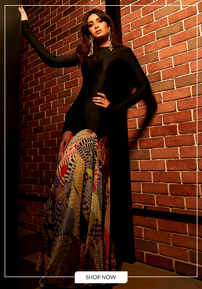 Saksha and Kinni black spectrum dress for Saudi Majlis