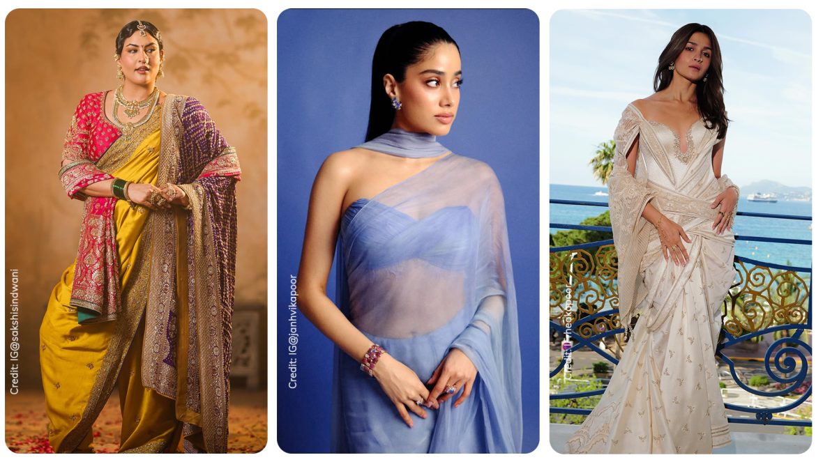 Sakshi Sindwani, Janhvi Kapoor and Alia Bhatt wearing dupatta saree trend