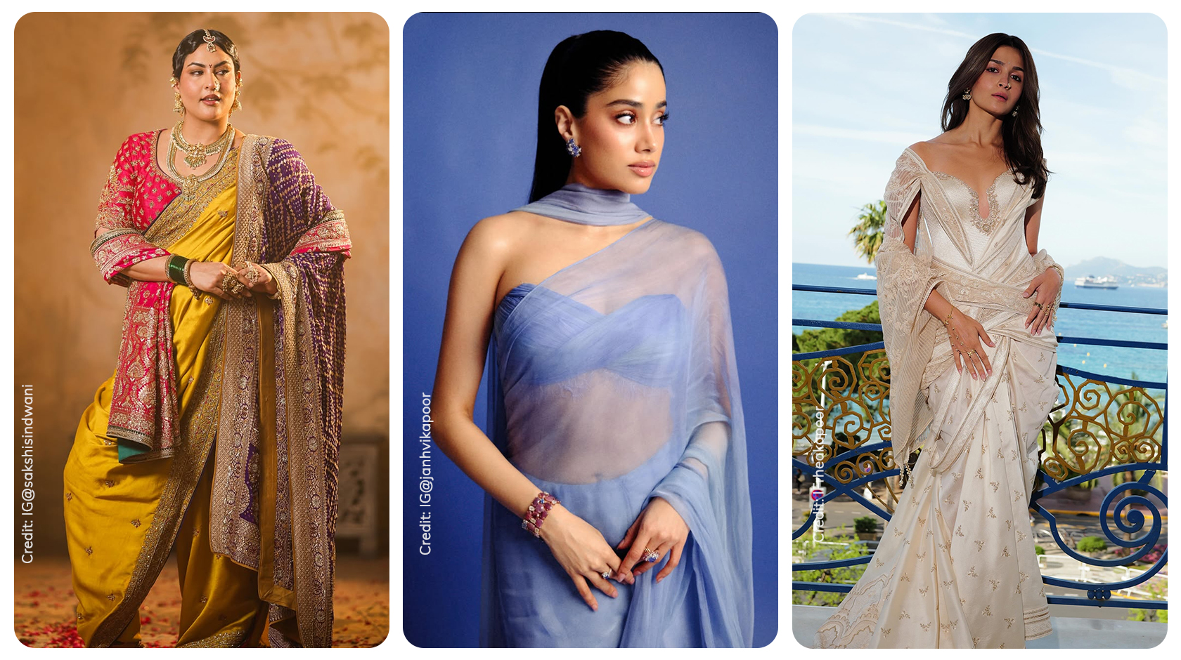 Sakshi Sindwani, Janhvi Kapoor and Alia Bhatt wearing dupatta saree trend