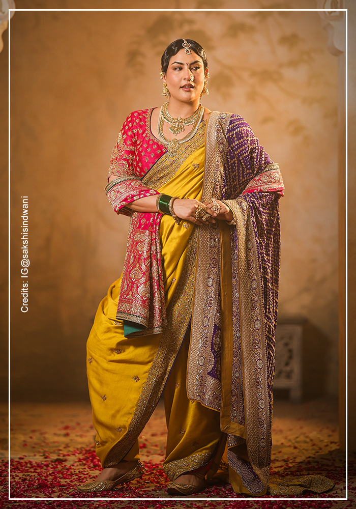 Sakshi Sindwani wearing mustard yellow Maharastrian saree