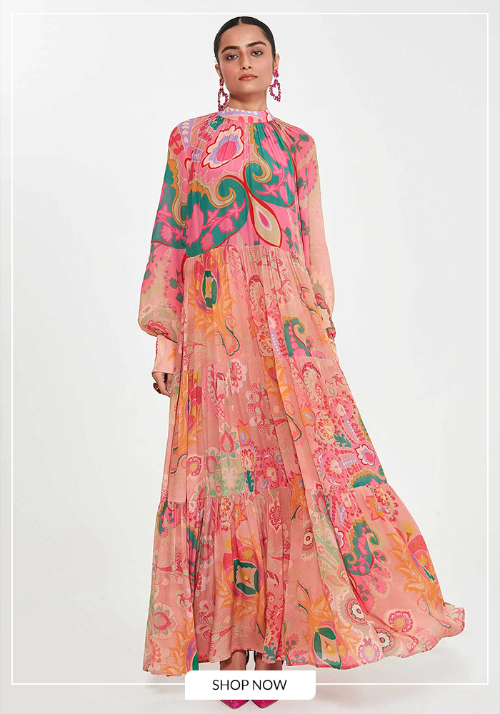 Pink tiered crepe dress for Saudi Majlis